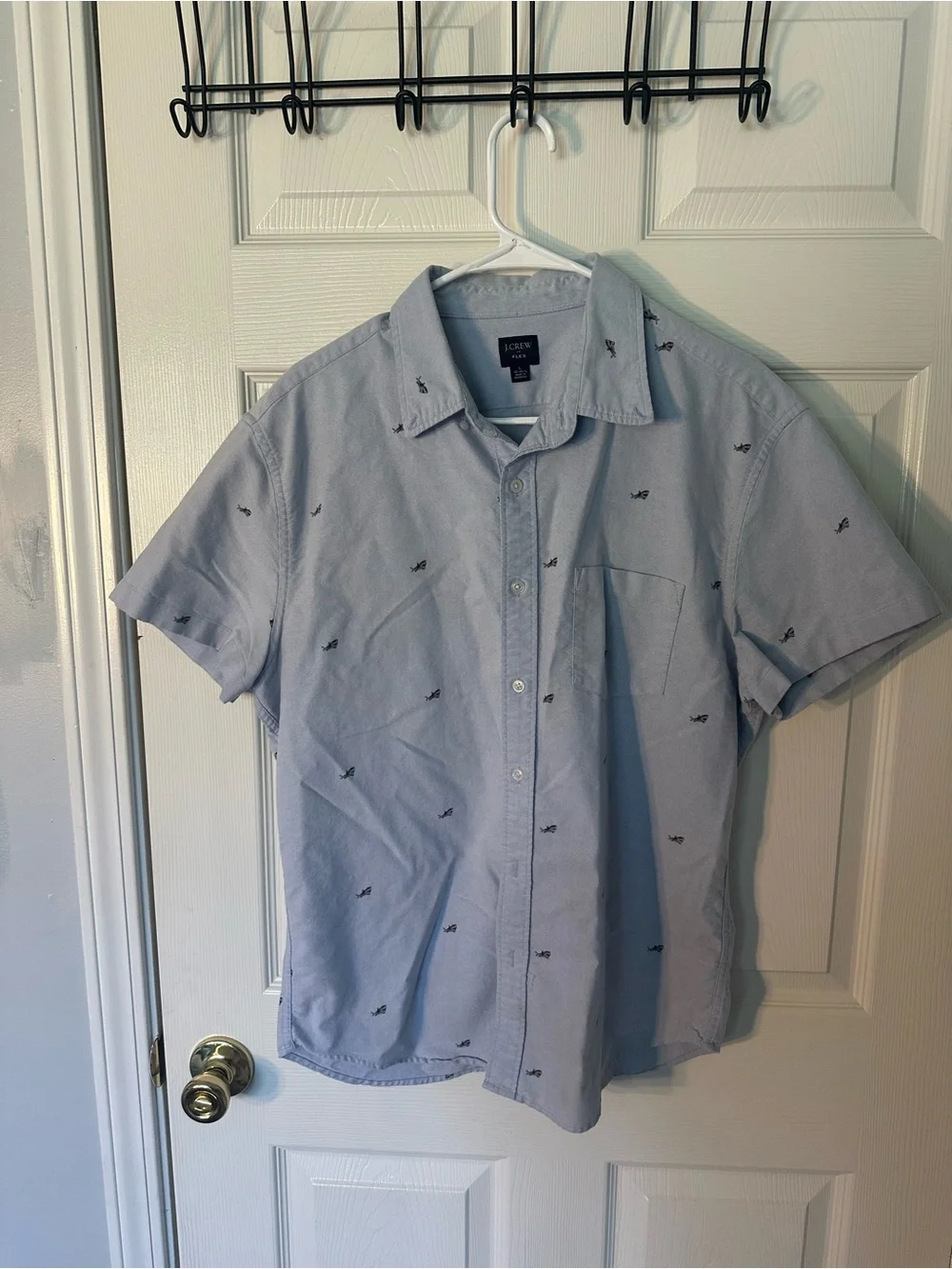 J.Crew Men’s Slim Flex Washed Shirt L Short Sleeve Blue Marlin Fish Print Casual